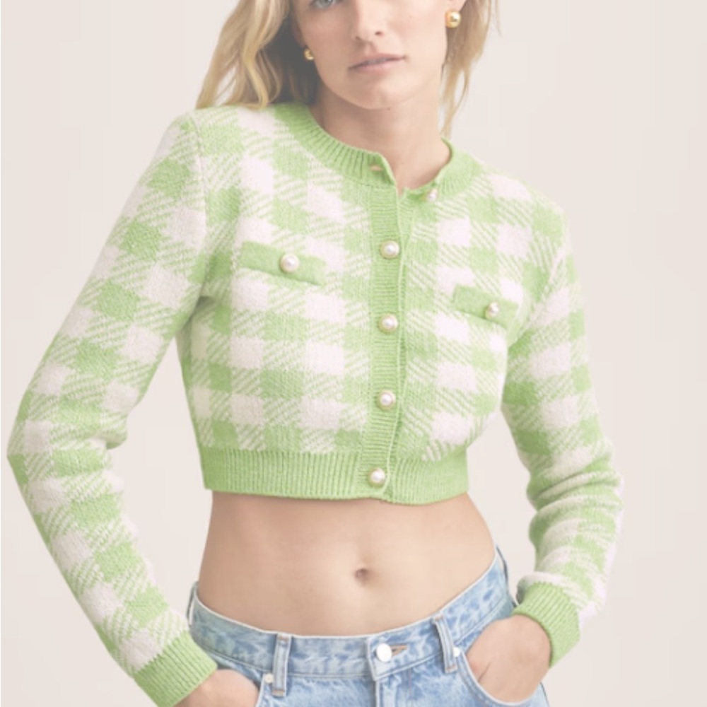 Mango Green and Cream Plaid crop Cardigan
